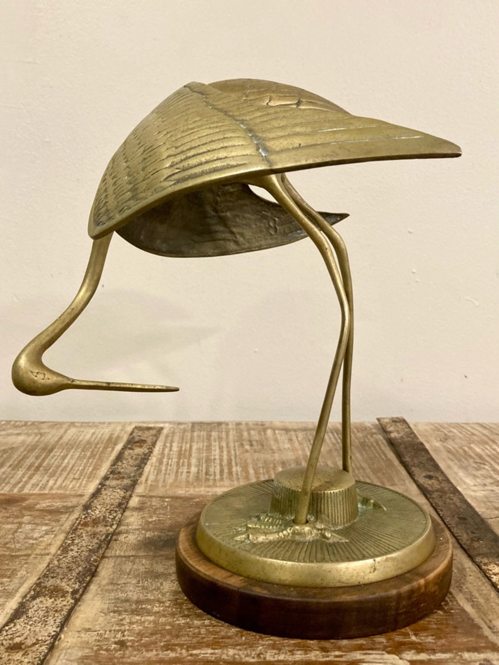 Vintage Crane Sculpture on Wood Base Mid Century Modern Decor 11.5” Brass Color - Picture 2 of 16